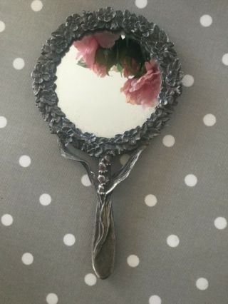 Pewter Art Nouveau Hand Mirror Dressing Table Lilly Of The Valley 21 Cm Long