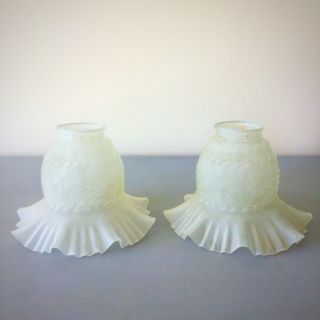 Small Edwardian Frosted Pressed Glass Lampshades; Frilled Edge Floral