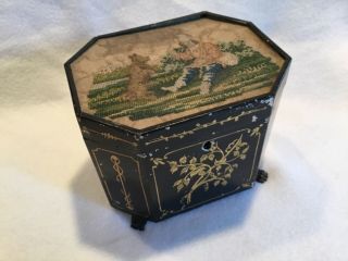 Unusual Antique Tole & Needlepoint Paw Foot Tea Caddy Box With Dog & Boy English