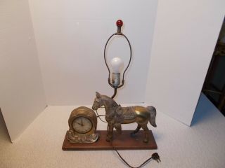 Vintage Brass? Horse Lamp With Electric Clock By Gibraltar Mfg Co.  U.  S.  A