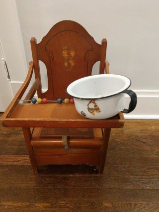 Storkline Antique Potty Chair W/ Toy Abacus And The Enamel Chamber Pot