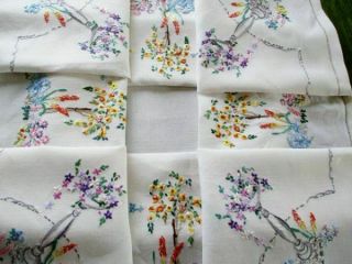Vintage Tablecloth Hand Embroidered - English Cottage Garden Flowers - Linen