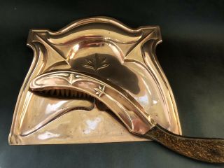 Antique Copper Arts And Crafts,  Art Nouveau Crumb Tray Or Dustpan And Brush