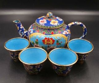 A Set Collectible Handmade Brass Cloisonne Enamel Teapot Cup Flower