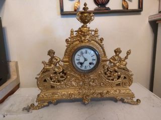 Antique Rare Gustov Becker French Cherub Mantle Clock Glit Gold 1800s Cast
