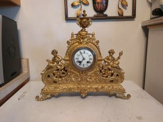 Antique Rare Gustov Becker French Cherub Mantle Clock Glit Gold 1800s Cast 2