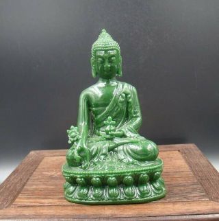 Collectible Handmade Carving Statue Green Jade Lotus Base Buddha