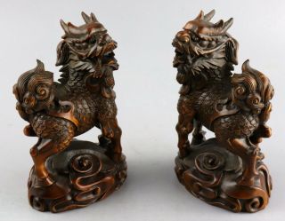 Collectable Antique Boxwood Hand Carve A Pair Exorcism Bring Luck Kylin Statue 2