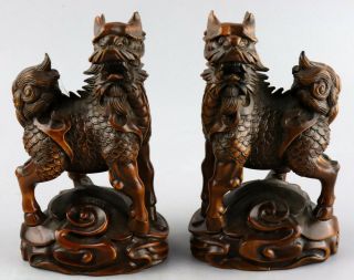 Collectable Antique Boxwood Hand Carve A Pair Exorcism Bring Luck Kylin Statue 3