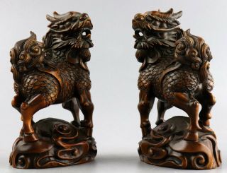 Collectable Antique Boxwood Hand Carve A Pair Exorcism Bring Luck Kylin Statue 4