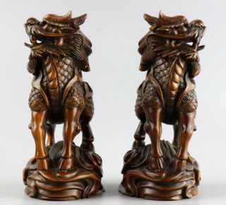 Collectable Antique Boxwood Hand Carve A Pair Exorcism Bring Luck Kylin Statue 5