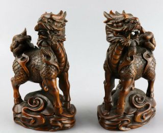 Collectable Antique Boxwood Hand Carve A Pair Exorcism Bring Luck Kylin Statue 7