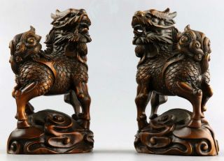 Collectable Antique Boxwood Hand Carve A Pair Exorcism Bring Luck Kylin Statue 8