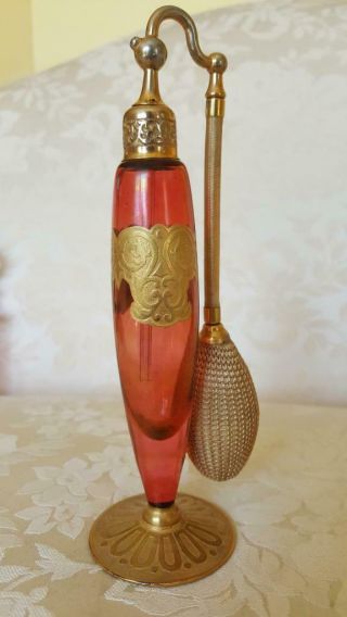 Antique Devilbiss Cigar Shaped Cranberry Glass & Gold Perfume Bottle Atomizer