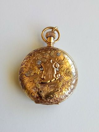 Antique 1895 Elgin Ladies Pocket Watch Rose White Yellow Gold 11 Jewel 5791937