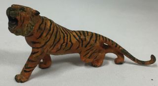 Vintage Miniature Tiger Cold Painted Austrian Bronze Figure Open Mouth Crouched
