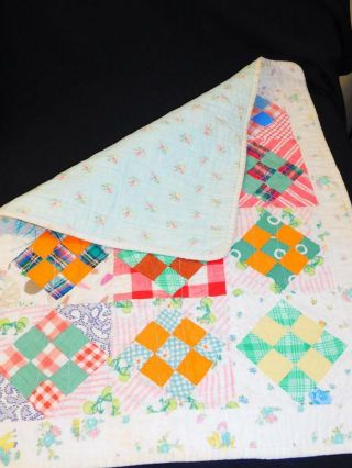 Darling Antique Vintage Handmade 9 Patch Flannel Doll Crib Table Quilt Novelty