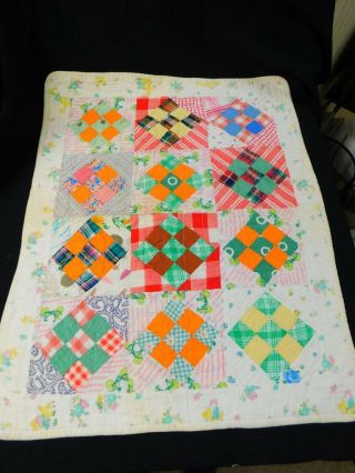 DARLING Antique Vintage Handmade 9 Patch FLANNEL DOLL Crib Table QUILT Novelty 2