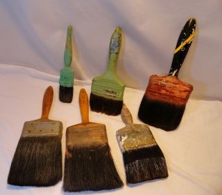 6 Vintage Primitive Well Paint Brushes For Display Some Pure Bristol 4 "