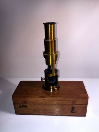 Antique Brass Miniature Field Microscope Cylinder/furnace Boxed With Slides
