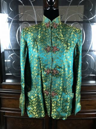 Fine Vintage Chinese Embroidered Silk Jacket Robe Green Kimono Shirt Top