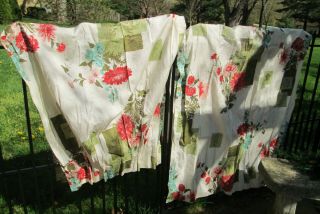 Vtg Mcm Pinch Pleated Pair Drapery Panels Silk Rayon Poly Fabric Retro Kitsch