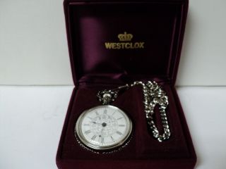 Westclox Wind Up Pocket Watch White Open Face With Chain And Velvet Box