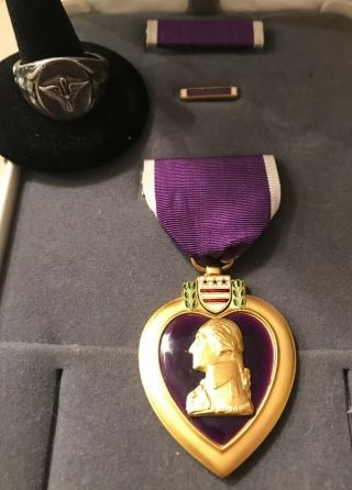 Named Ww2 Purple Heart Medal W/case,  Ribbon,  Bar,  Lapel Pin And Sterling Aaf Ring