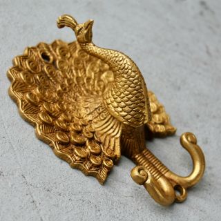 Antique Solid Brass Peacock Coat Hook Rustic Vtg Bronze Hook Mid Century Modern