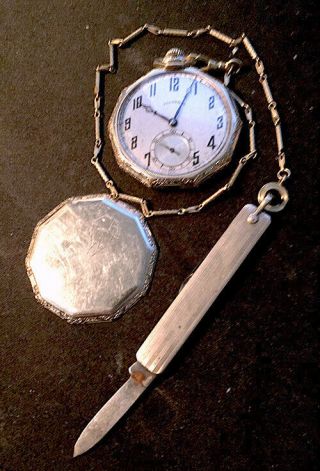 Antique Illinois Pocket Watch W/ Chain And Knife.  Engraved Roundup,  Mont 6 - 1 - 26