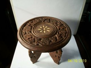 1940s Hand Carved Wooden Stand W/tripod Legs And Camel Bone Inlay On Top.  India.