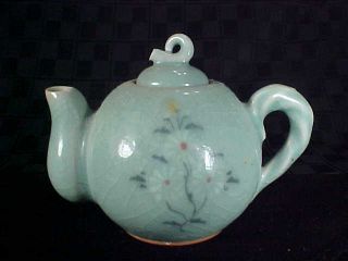 Vintage Chinese Celadon Green Crackle Style Teapot - Small W/ Floral Design