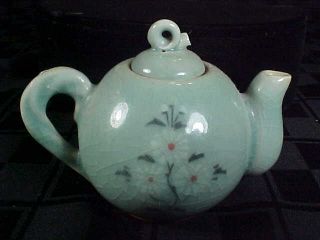Vintage Chinese Celadon Green Crackle Style TEAPOT - Small w/ Floral Design 2