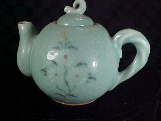 Vintage Chinese Celadon Green Crackle Style TEAPOT - Small w/ Floral Design 7