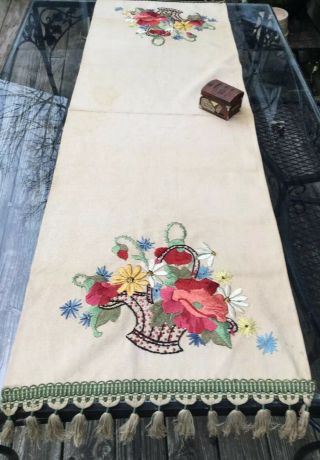 Antique Victorian Society Silk Art Hand Embroidery Flower Baskets Runner