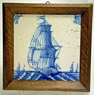 Antique 18th Century Dutch Delft Blue & White Crusaders Ship Scene Tile