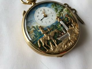 REUGE GOLD PLATED MUSICAL ALARM AUTOMATION 56 mm OPEN FACE POCKET WATCH 4