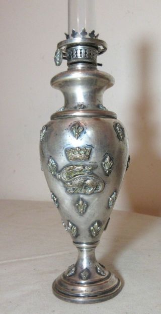 rare antique ornate miniature 1800 ' s silverplate gold glass imperial oil lamp 2