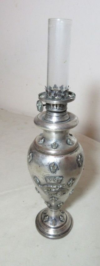 rare antique ornate miniature 1800 ' s silverplate gold glass imperial oil lamp 3