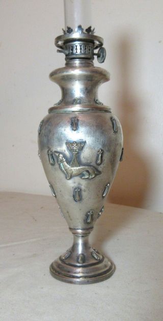 rare antique ornate miniature 1800 ' s silverplate gold glass imperial oil lamp 4