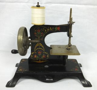 Vtg Casige Childs Toy Sewing Machine Hand Crank Black Red Gold Floral Germany