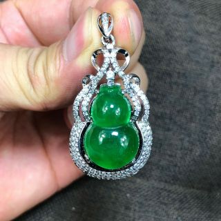 Collectible Chinese S925 Silver & Green Jadeite Jade Handwork Luck Gourd Pendant