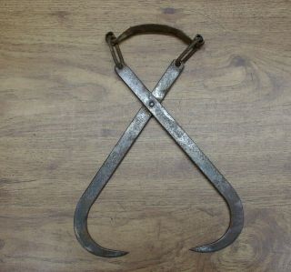 Antique 12 " Ice Tongs,  1lb.  2.  7oz.  Metal & Chain Handle,  Rugged Patina,  Great Decor
