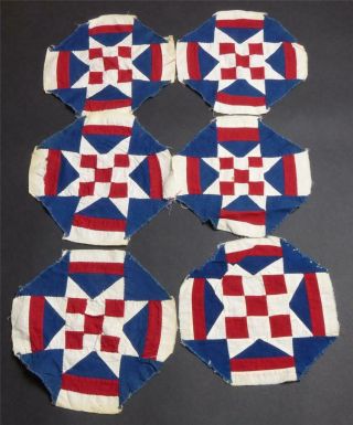 Group Of 6 Antique,  Red,  White,  Blue Patriotic Quilt Blocks,  9 - Patch Variation.