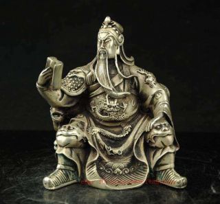 Chinese Old Copper Plating Silver Hand - Carved Statue Of Guan Gong Reading E01