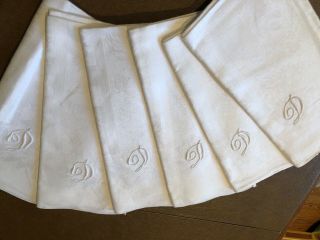 6 Antique White Linen Damask Napkins - “d” Monograms