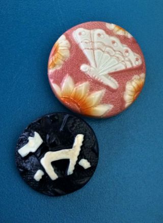 Vintage Celluloid Scottie Dog And Butterfly Picture Buttons - Backmarked