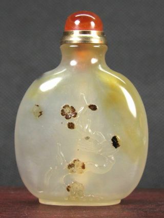 Chinese Small Plum Blossom Bird Carved Natural Agate Snuff Bottle