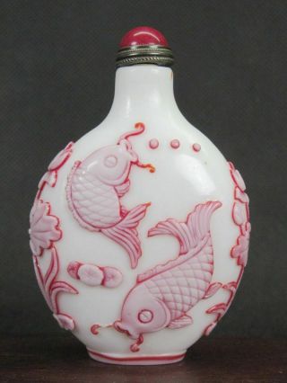 Chinese Carp Duck Carved Peking Overlay Glass Snuff Bottle