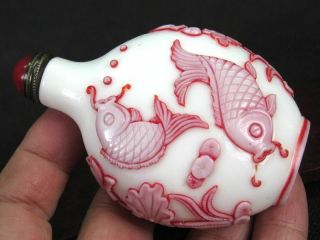 Chinese Carp Duck Carved Peking Overlay Glass Snuff Bottle 2